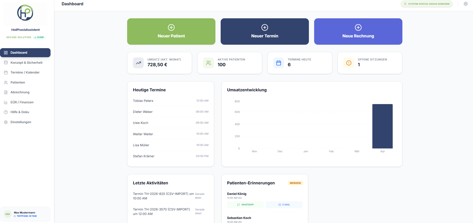 HeilPraxisAssistent Dashboard - Patientenübersicht, Finanzen und Termine auf einen Blick