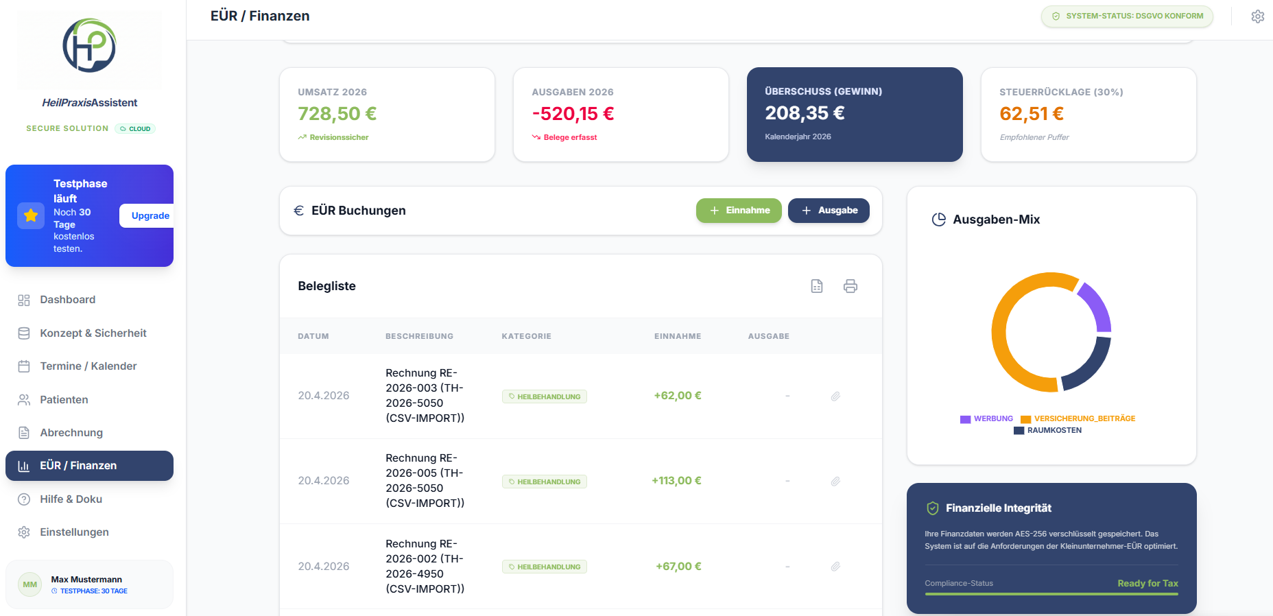 HeilPraxisAssistent EÜR - Einkünfte-Überschuss-Rechnung und DATEV-Export