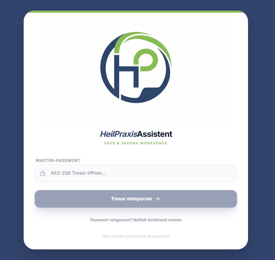 HeilPraxisAssistent Login - Sichere Anmeldung mit Master-Passwort und Zero-Knowledge Verschlüsselung
